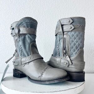Lane Boots Womens Gray Leater Canvas Mid-Calf Western Moto Style Zip Size 7.5